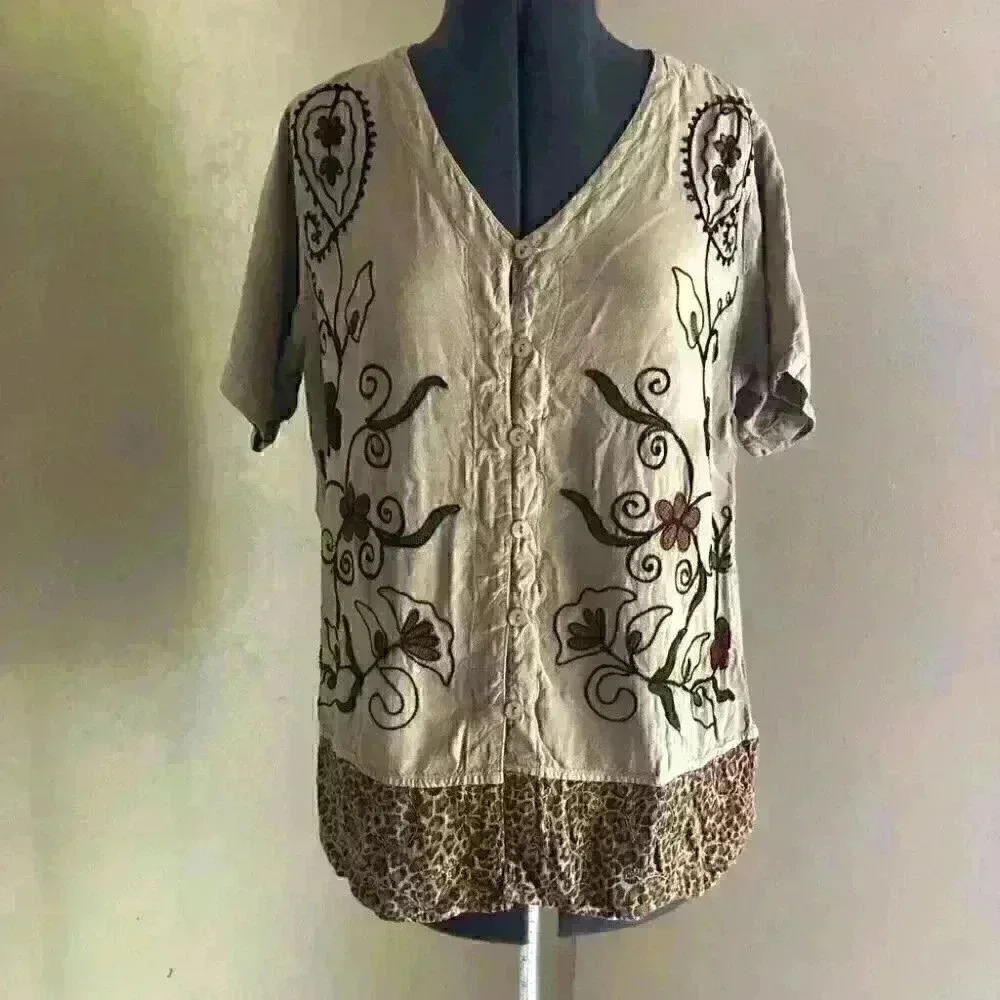 Vtg Speed Start Brown short sleeve embroidered button blouse top large - Picture 3 of 6